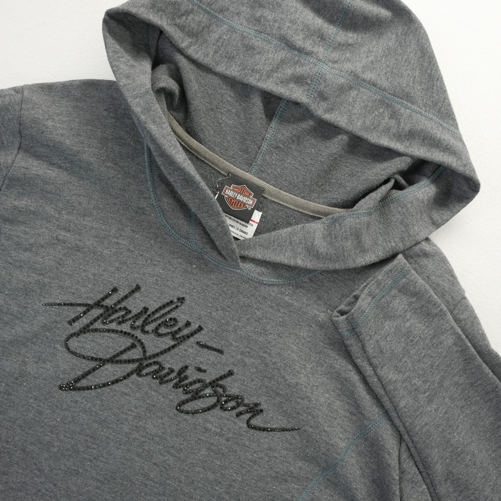Harley-Davidson Las Vegas Rhinestone Script Hoodie Gray Womens Large Pullover - Picture 1 of 9